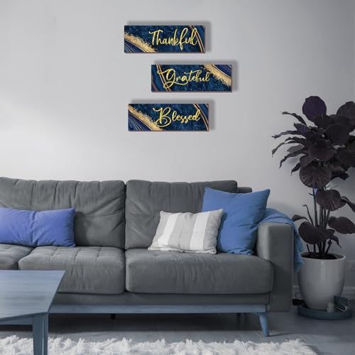 3-Piece Blue and Gold Wall Decor - Thankful Grateful Blessed Art Set