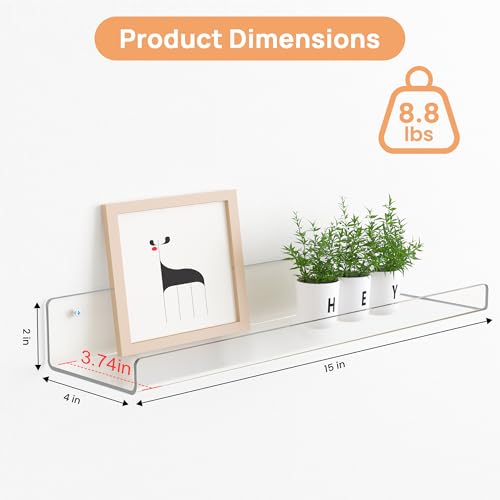 Clear Acrylic Floating Shelves for Wall - 15x4 Inch Display Ledge, 6 Pack
