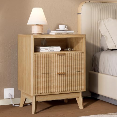 Fluted Nightstand with Charging Station, 2-Drawer Wood End Table