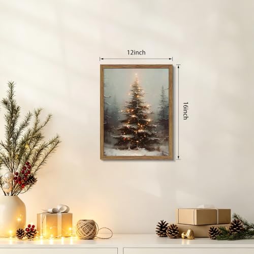Vintage Christmas Wall Art Framed Snowy Tree Winter Scene 16x12 Inch