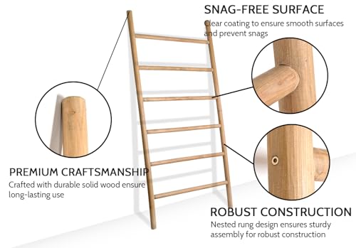 FUIN Rustic Wooden Blanket Ladder - 38in Wide, 6.4ft Tall, Knock Down Design