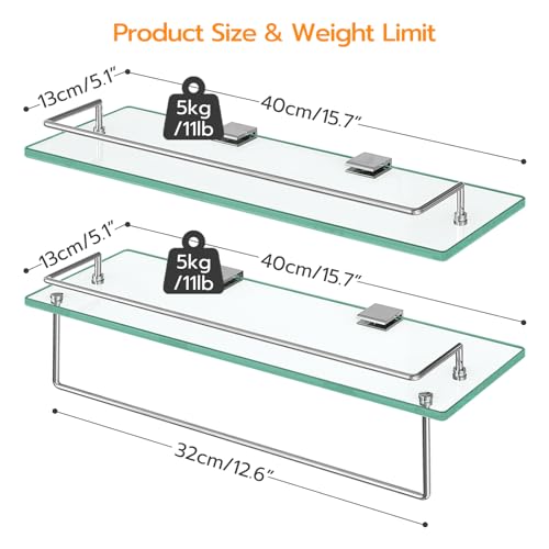 Set of 2 Floating Glass Bathroom Shelves with Towel Rod, 15.7-Inch