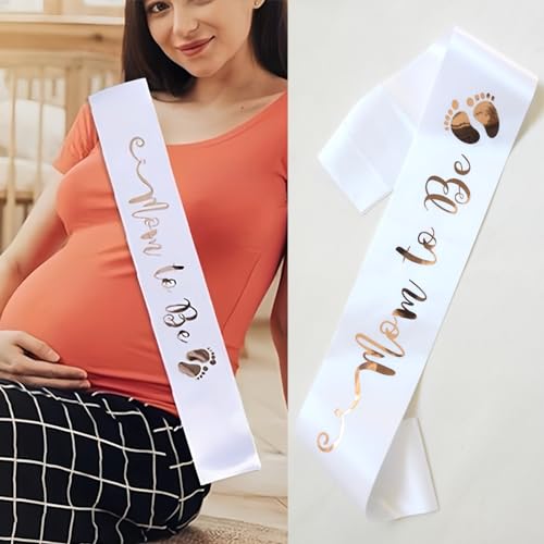 Mom To Be Sash - White Satin with Gold Print for Baby Shower