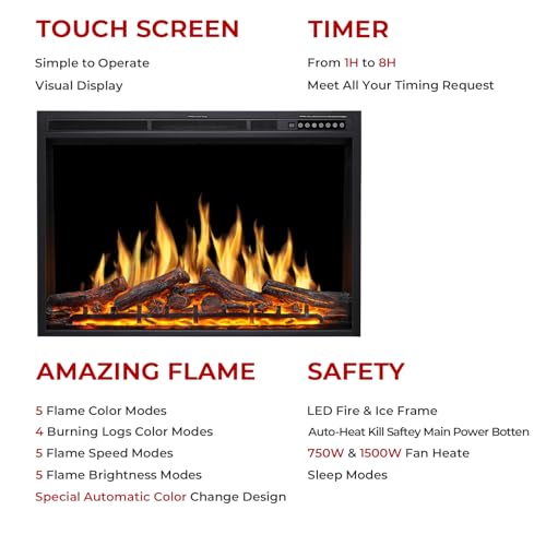 36-Inch Electric Fireplace Insert Recessed Heater with Remote Control