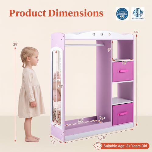 Kids Dress Up Storage Wardrobe with Mirror, Pink Toddler Costume Closet