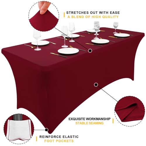 Smiry 2 Pack Elastic Fitted 8FT Tablecloth Wine Red 30" x 96"