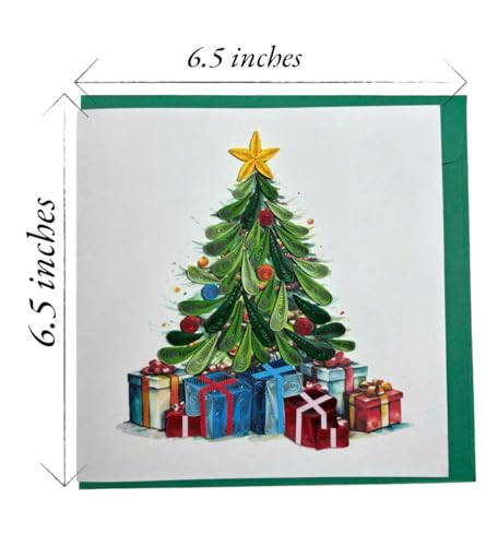 Handcraft 3D Quilling Christmas Card with Envelope - Holiday Holiday Greeting Card, Xmas Tree Design, Blank Inside, Ready to Gift