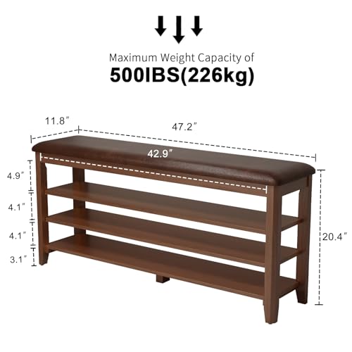 3-Tier Rubberwood Shoe Storage Bench with PU Leather Cushion
