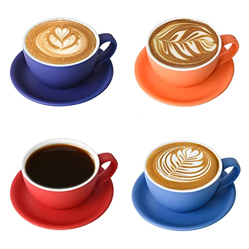 Yundu 10oz Matte Dark Ceramic Latte Cup & Saucer Set - Pack of 4