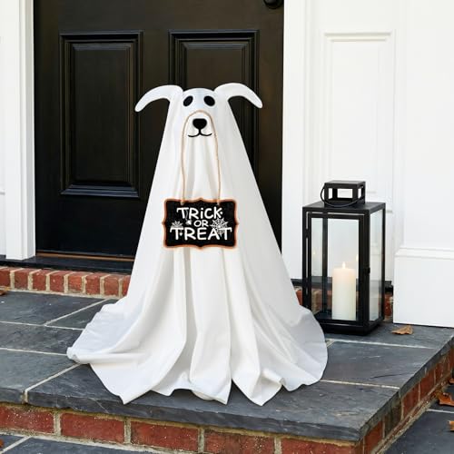 Zesua 2.3 FT Light-Up Ghost Dog Halloween Decoration with Trick or Treat Sign