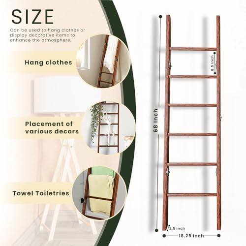 6-Tier Wooden Blanket Ladder - Rustic Farmhouse Quilt & Towel Rack, 68 Inch