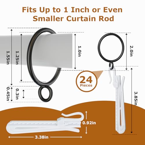 1.25 Inch Curtain Rings with Adjustable Hooks, 24 Pack Black Metal Drapery Set