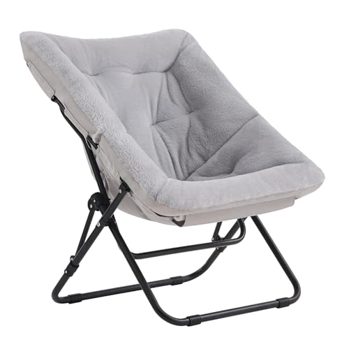 Folding Faux Fur Saucer Chair, Oversized Moon Chair with Metal Frame