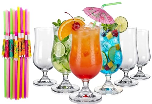 Hurricane Glass Set of 6 with 10 Umbrella Drink Straws for Cocktails & Party