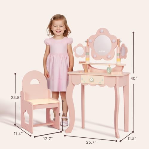 Kids Vanity Table and Chair Set with 3-Color LED Mirror and Accessories