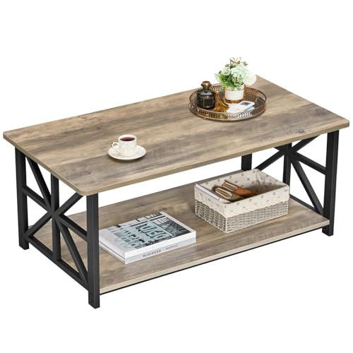 Rustic 39-Inch Round Corner Coffee Table with Storage Shelf, Gray Wash