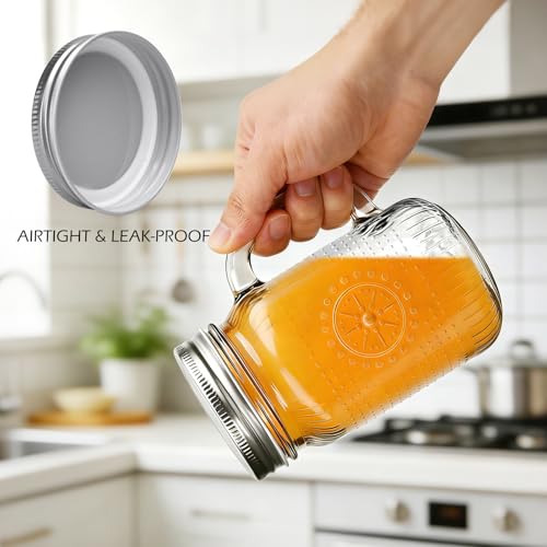 Encheng Silver Mason Jar Cups with Handle 16 oz, Vintage Glass Drinkware with Lids & Straws – Reusable Food Storage & Beverage Glasses, 12 Pack