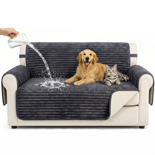 Waterproof Flannel Loveseat Couch Cover - Non-Slip, Washable Pet Protector (Medium, Dark Grey)