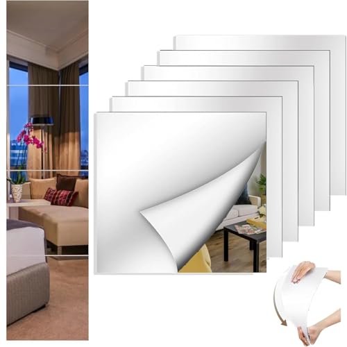 6 Pack Acrylic Mirror Tiles, 8x8 Inch Self-Adhesive Flexible Wall Mirrors