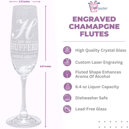 Personalized Champagne Flutes Set of 2, Custom Engraved Stemmed Glasses