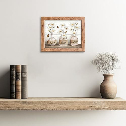 Rustic Farmhouse Bathroom Wall Art Set, Daisy Floral Canvas Prints 8x10