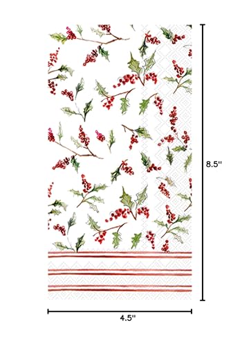 Disposable Christmas Ilex Berries Paper Napkins - 8.5 x 4.5 inches, 16-Count