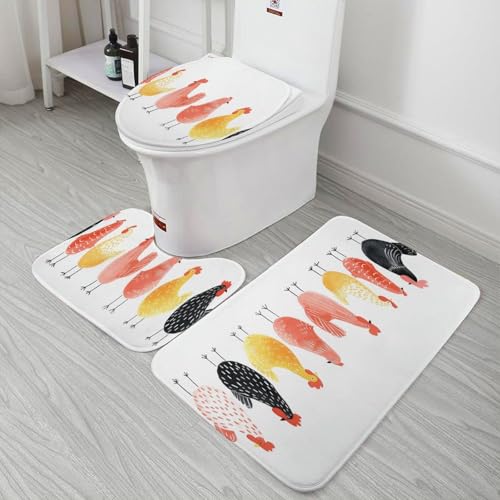3-Piece Chicken Pattern Bathroom Rug Set - Non-Slip Coral Fleece Bath Mats