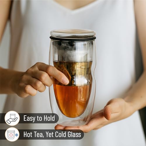 BTaT Double Wall Glass Tea Cups 16 oz (2 Pack) with Stainless Steel Infuser & Lid - Modern Borosilicate Tea Mug for Loose Leaf & Tea Bags