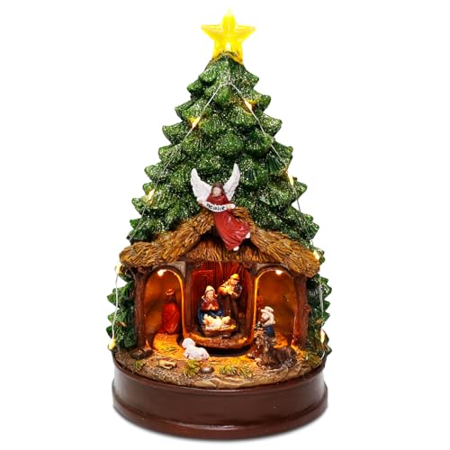 Nativity Scene Figurines with LED Lights & Music - Christmas Tree & Rotating Display - Variation: Christmas Tree Nativity House