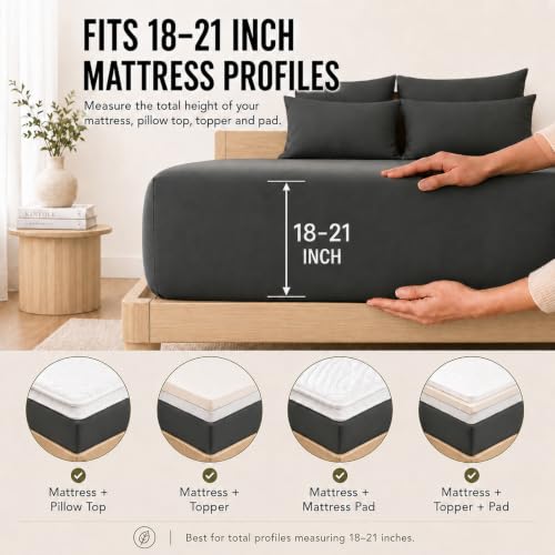 6-Piece King Size Sheet Set for 21-Inch Deep Pocket Mattresses, Dark Grey