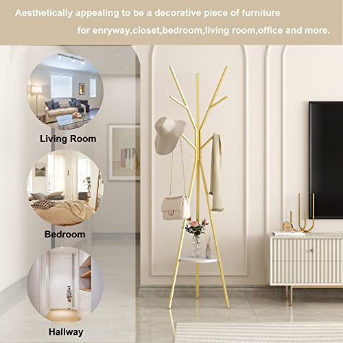 Modern Gold Metal Coat Rack with 9 Hooks and Storage Shelf, 71-Inch Hall Tree