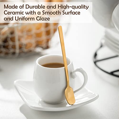 LYEOBOH White Espresso Cups with Saucers Set, Metal Stand & Spoons - A-White