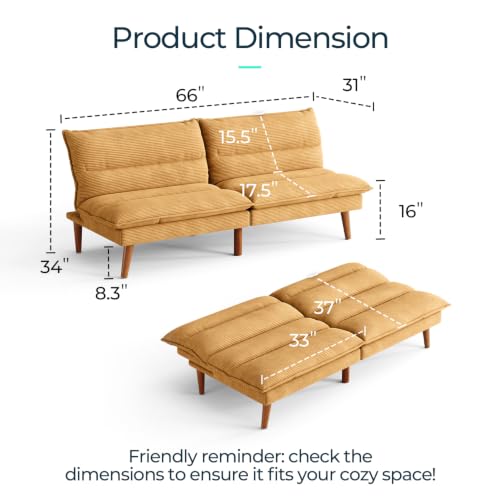 Convertible Corduroy Futon Sofa Bed, 71-Inch Small Sleeper Loveseat