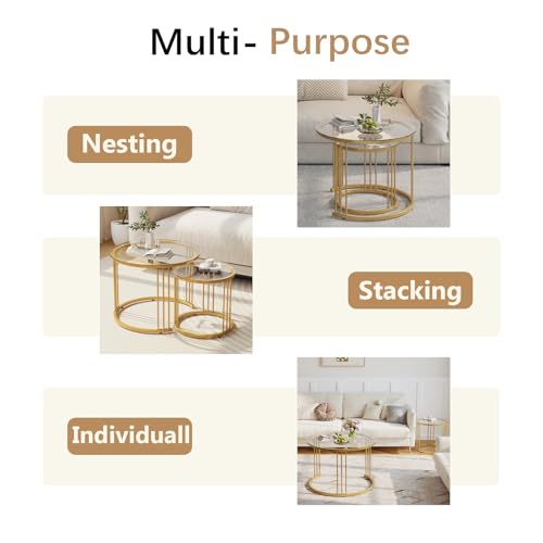 Round Nesting Coffee Table Set of 2, Gold Metal Frame with Glass Top