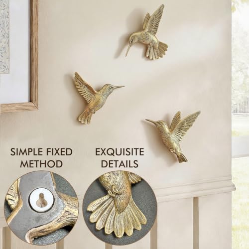 3D Hummingbird Wall Decor Set - Antique Gold Resin Bird Wall Art (Set of 3)