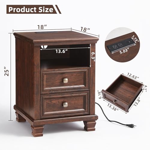 Farmhouse Walnut Nightstand with Charging Station and 2 Drawers