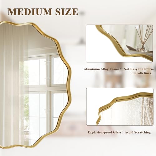 30-Inch Gold Scalloped Round Wall Mirror, Wavy Edge Decorative Metal Mirror