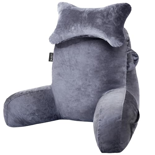 Comfortable Reading Pillow with Arm Support and Pockets - Dark Grey