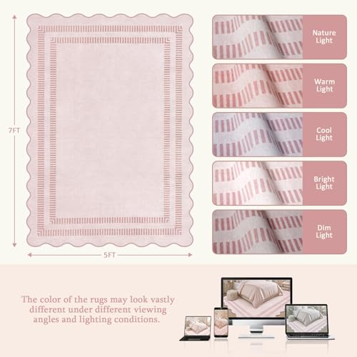 5x7 Washable Pink Area Rug, Non-Slip Scalloped Vintage Rug for Bedroom