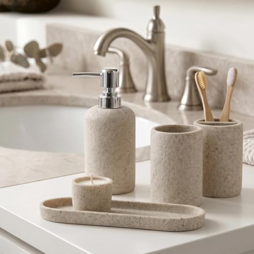 4-Piece Modern Bathroom Accessory Set, Beige Resin Organizer with Tray