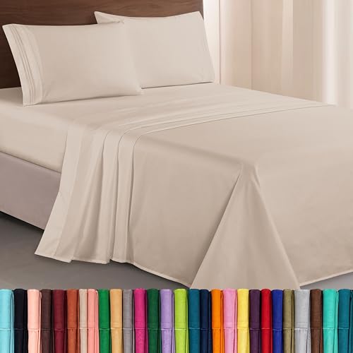 Elegant Comfort King Bed Sheet Set - 4-Piece Embroidered Microfiber, Cream