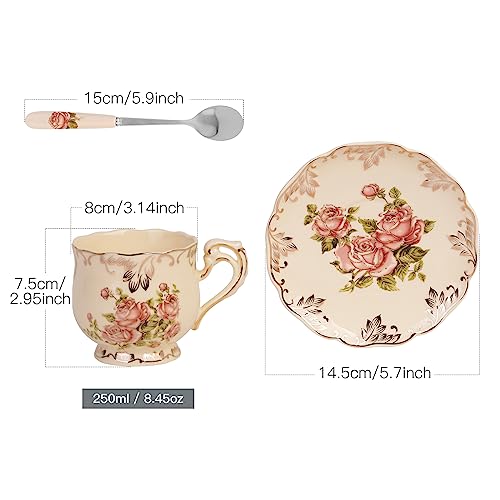 YOLIFE Pink Rose Tea Cup and Saucer Set - 8 oz Ceramic Vintage Collection