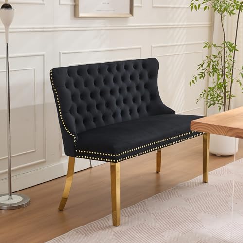 Velvet Upholstered Dining Bench with Back, 46-inch Tufted Loveseat with Gold Legs