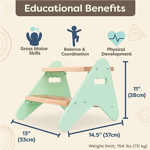 Kids Wooden Step Stool with Wide Textured Steps - Mint, Supports Up to 70kg