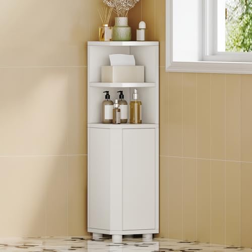 Narrow Corner Bathroom Cabinet with Adjustable Shelves - White Storage Unit