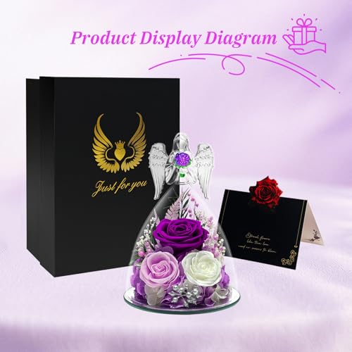 Preserved Purple Rose in Glass Angel Figurine - Eternal Flower Gift