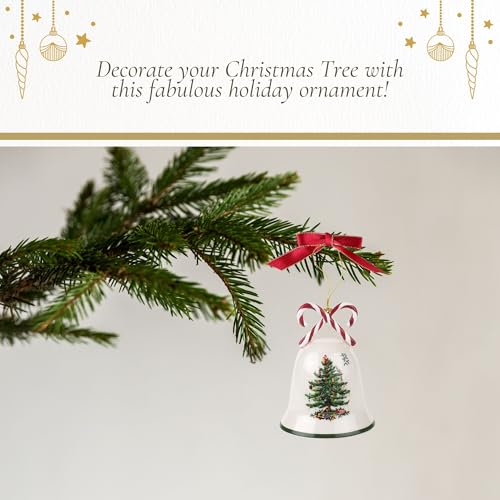 Earthenware Christmas Candy Cane Bell Ornament with Red Ribbon, 3.5 Inch
