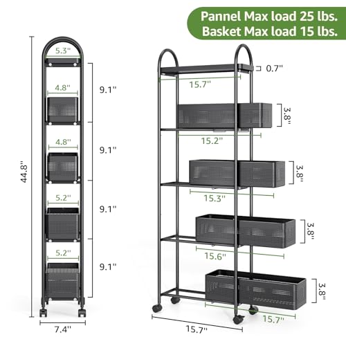 5-Tier Slim Rolling Storage Cart with Pull-Out Baskets and Lockable Wheels