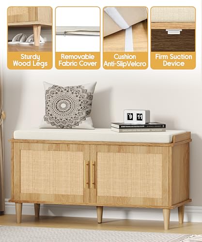 Rattan Shoe Storage Bench with Padded Cushion and Adjustable Shelves