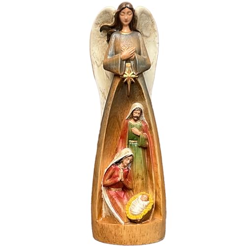Hand-Painted Wooden Nativity Scene Figurine with Angel Table Decor